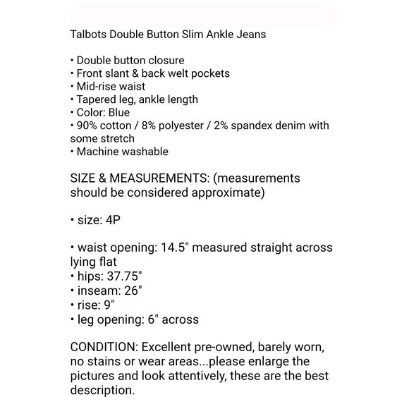 Talbots Double Button Slim Ankle Jeans  Women's Size 4P  Nautical  Dark Denim - Picture 8 of 8